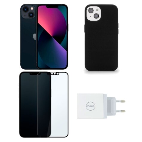 Kit: Apple iPhone 13 (128GB) - Meia-noite + Capa iPhone 13, iPlaceCorp,  Soft Touch + Película iPhone 13/ 13 Pro, iPlaceCorp, com Borda + Carregador  de Parede iPlace, USB 2.4 / USB-C, Branco